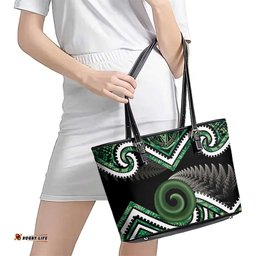 Koru Pounamu Aotearoa Leather Tote Bag Maori Paua Shell Mix Silver Fern LT14