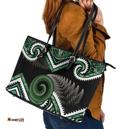 Koru Pounamu Aotearoa Leather Tote Bag Maori Paua Shell Mix Silver Fern LT14