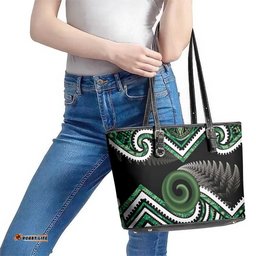 Koru Pounamu Aotearoa Leather Tote Bag Maori Paua Shell Mix Silver Fern LT14