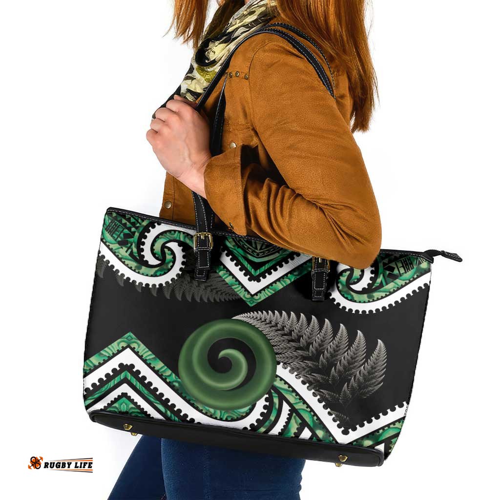 Koru Pounamu Aotearoa Leather Tote Bag Maori Paua Shell Mix Silver Fern LT14