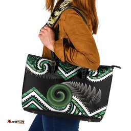 Koru Pounamu Aotearoa Leather Tote Bag Maori Paua Shell Mix Silver Fern LT14