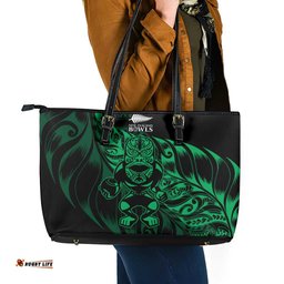 New Zealand Lawn Bowls Leather Tote Bag Green Maori Warrior Tribal Silver Fern LT9