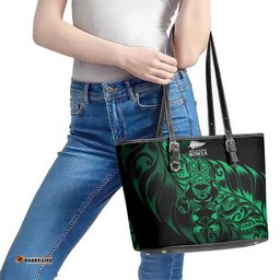 New Zealand Lawn Bowls Leather Tote Bag Green Maori Warrior Tribal Silver Fern LT9