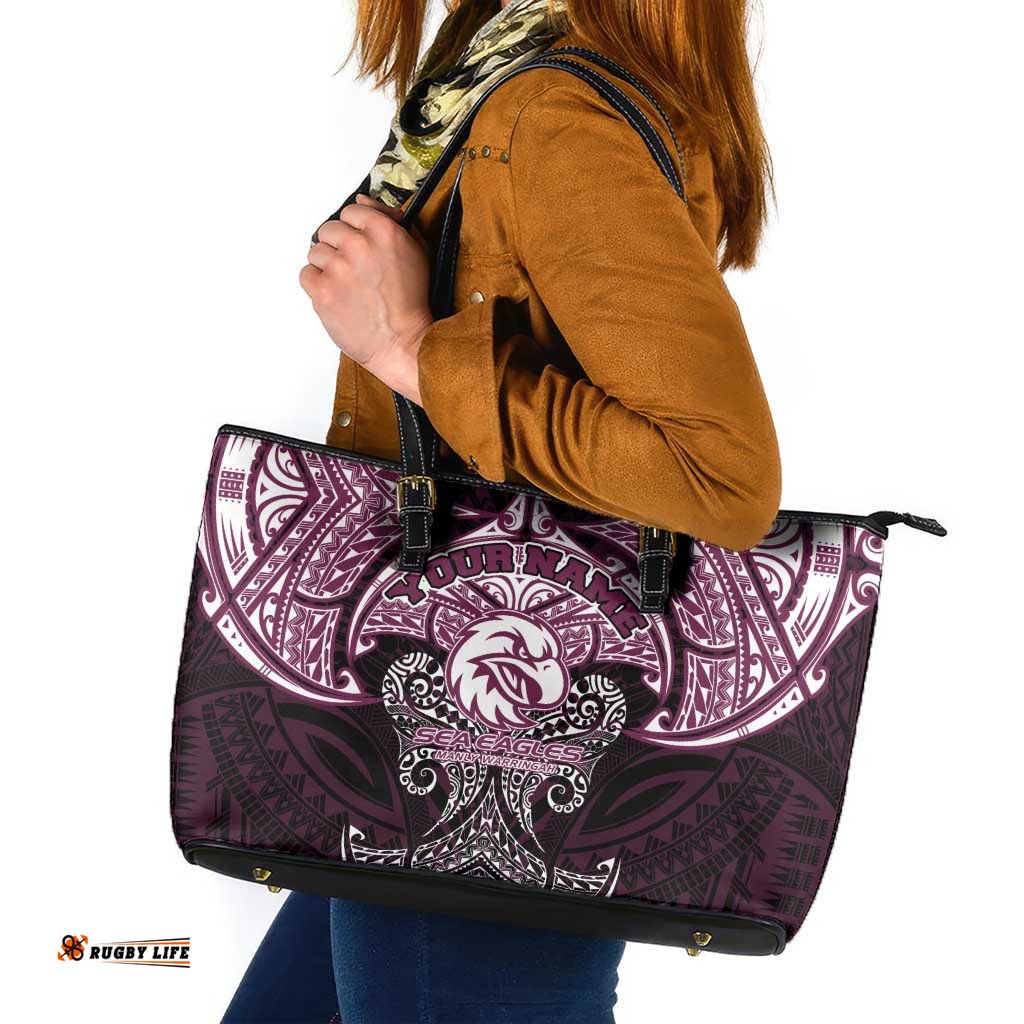 Personalized Manly Warringah Sea Eagles Leather Tote Bag Polynesian Tribal Pattern Style TS04