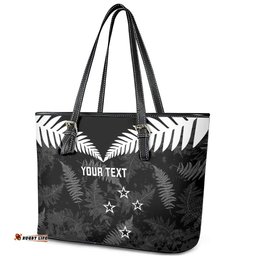 Custom New Zealand Silver Fern Football Leather Tote Bag Go Aotearoa Grunge Black LT14