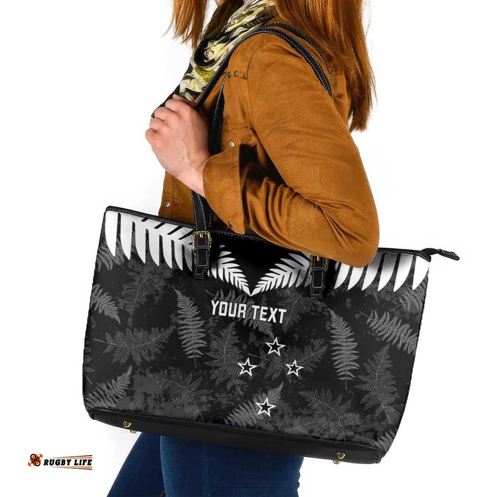 Custom New Zealand Silver Fern Football Leather Tote Bag Go Aotearoa Grunge Black LT14