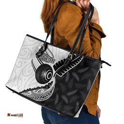 Personalised Aotearoa Lawn Bowls Leather Tote Bag Maori and Silver Fern Half Style LT03
