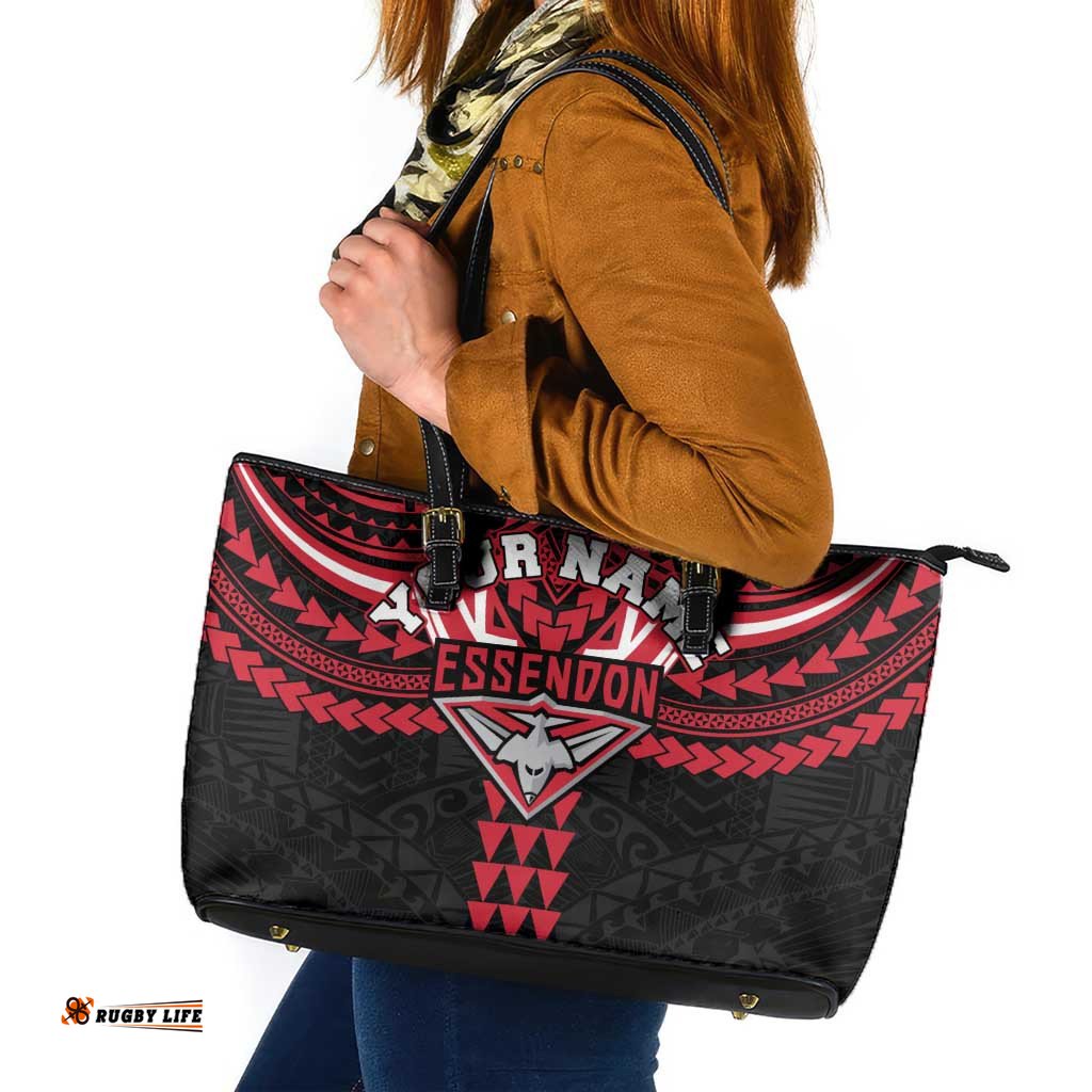 Personalized Essendon Bombers Leather Tote Bag Polynesian Tribal Pattern Heritage Football TS04