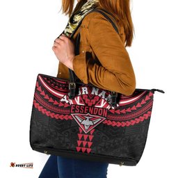 Personalized Essendon Bombers Leather Tote Bag Polynesian Tribal Pattern Heritage Football TS04
