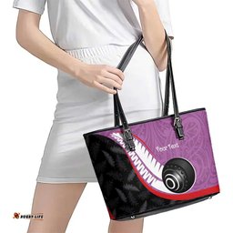 Personalised Aotearoa Lawn Bowls Leather Tote Bag Maori and Silver Fern Sporty Style Pink Color LT03