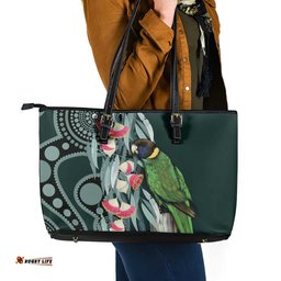Australian Ringneck Parrot Leather Tote Bag Barnardius Zonarius Eucalyptus Flowers Aboriginal Art LT14