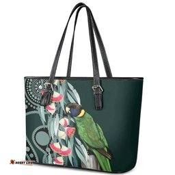 Australian Ringneck Parrot Leather Tote Bag Barnardius Zonarius Eucalyptus Flowers Aboriginal Art LT14