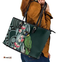 Australian Ringneck Parrot Leather Tote Bag Barnardius Zonarius Eucalyptus Flowers Aboriginal Art LT14