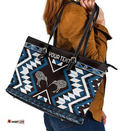 Personalised Taniko Motifs Aotearoa Leather Tote Bag Waitangi Kowhaiwhai Kiwi - Blue LT7