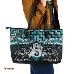 New Zealand Maori Leather Tote Bag Poutama Pikorua Turquoise Paua Shell LT05