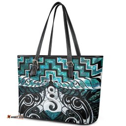 New Zealand Maori Leather Tote Bag Poutama Pikorua Turquoise Paua Shell LT05