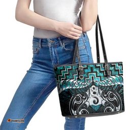 New Zealand Maori Leather Tote Bag Poutama Pikorua Turquoise Paua Shell LT05