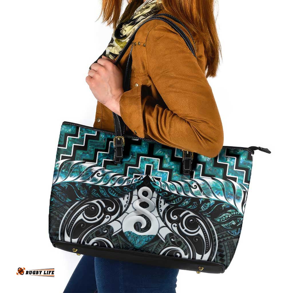New Zealand Maori Leather Tote Bag Poutama Pikorua Turquoise Paua Shell LT05