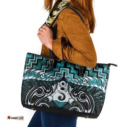 New Zealand Maori Leather Tote Bag Poutama Pikorua Turquoise Paua Shell LT05