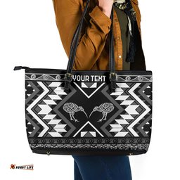 Personalised Taniko Motifs Aotearoa Leather Tote Bag Waitangi Kowhaiwhai Kiwi - Monochrome LT7