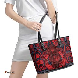 New Zealand Taiaha Maori Leather Tote Bag Whero Minimalist Silver Fern Tukutuku Motif LT9
