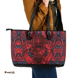 New Zealand Taiaha Maori Leather Tote Bag Whero Minimalist Silver Fern Tukutuku Motif LT9