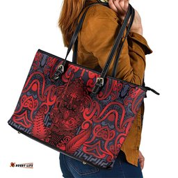 New Zealand Taiaha Maori Leather Tote Bag Whero Minimalist Silver Fern Tukutuku Motif LT9