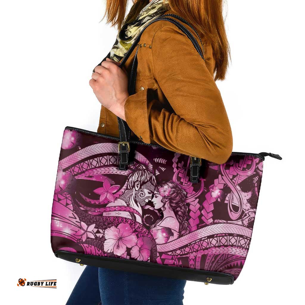 Maori Romantic Valentine Leather Tote Bag The Hongi Kiss Pink Galaxy DT05