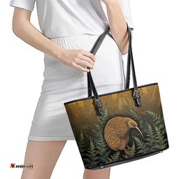 New Zealand Kiwi Bird Leather Tote Bag Silver Fern Mix Maori Pattern LT05