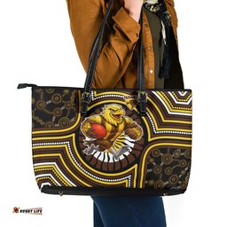 Hawthorn Hawks Leather Tote Bag Indigenous Monochrome Dot Art Mascot Style TS04