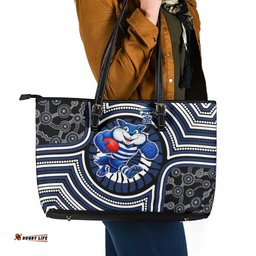 Geelong Cats Leather Tote Bag Indigenous Monochrome Dot Art Mascot Style TS04