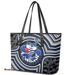 Geelong Cats Leather Tote Bag Indigenous Monochrome Dot Art Mascot Style TS04