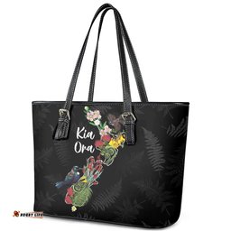 Kia Ora New Zealand Floral Leather Tote Bag Black LT7