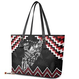 New Zealand Christmas Taniko Poutama Leather Tote Bag Mountainscape Maori Fern LT7