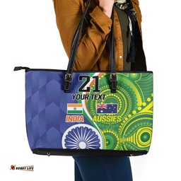 India Vs Australian Cricket Custom Leather Tote Bag Ashoka Chakra and Aboriginal Together LT9