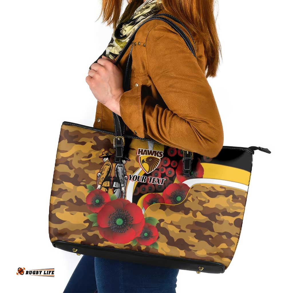 Hawthorn Hawks ANZAC Personalised Leather Tote Bag Lest We Forget Poppy Camo LT9