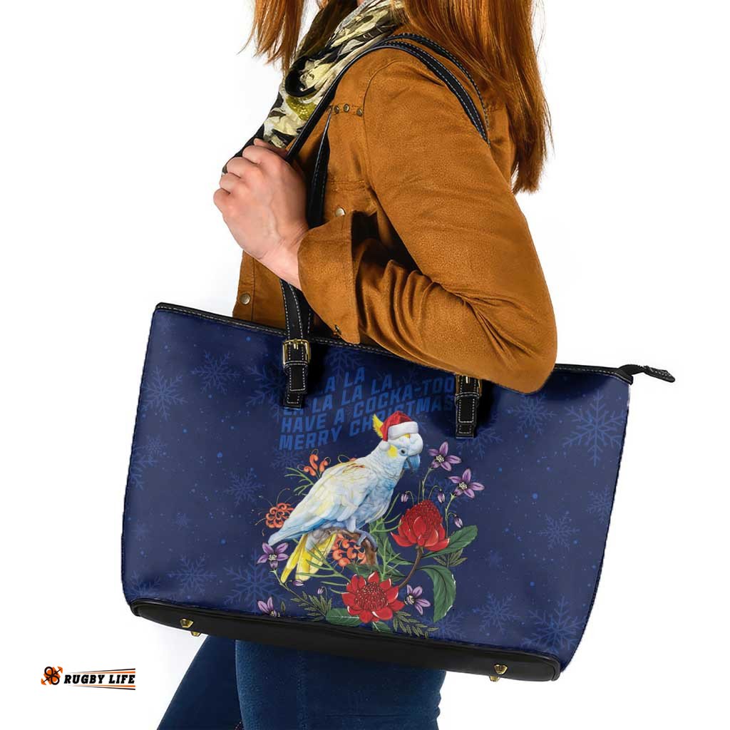 Merry Cocka-mas Leather Tote Bag Australia Christmas Blue Art LT9