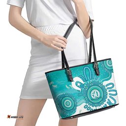 NAIDOC Week 2026 Leather Tote Bag 50 Years Deadly Dhari Cyan Aboriginal Art LT14