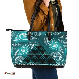 Matariki New Zealand Leather Tote Bag NZ Niho Taniwha Maori New Year Cyan Galaxy LT14