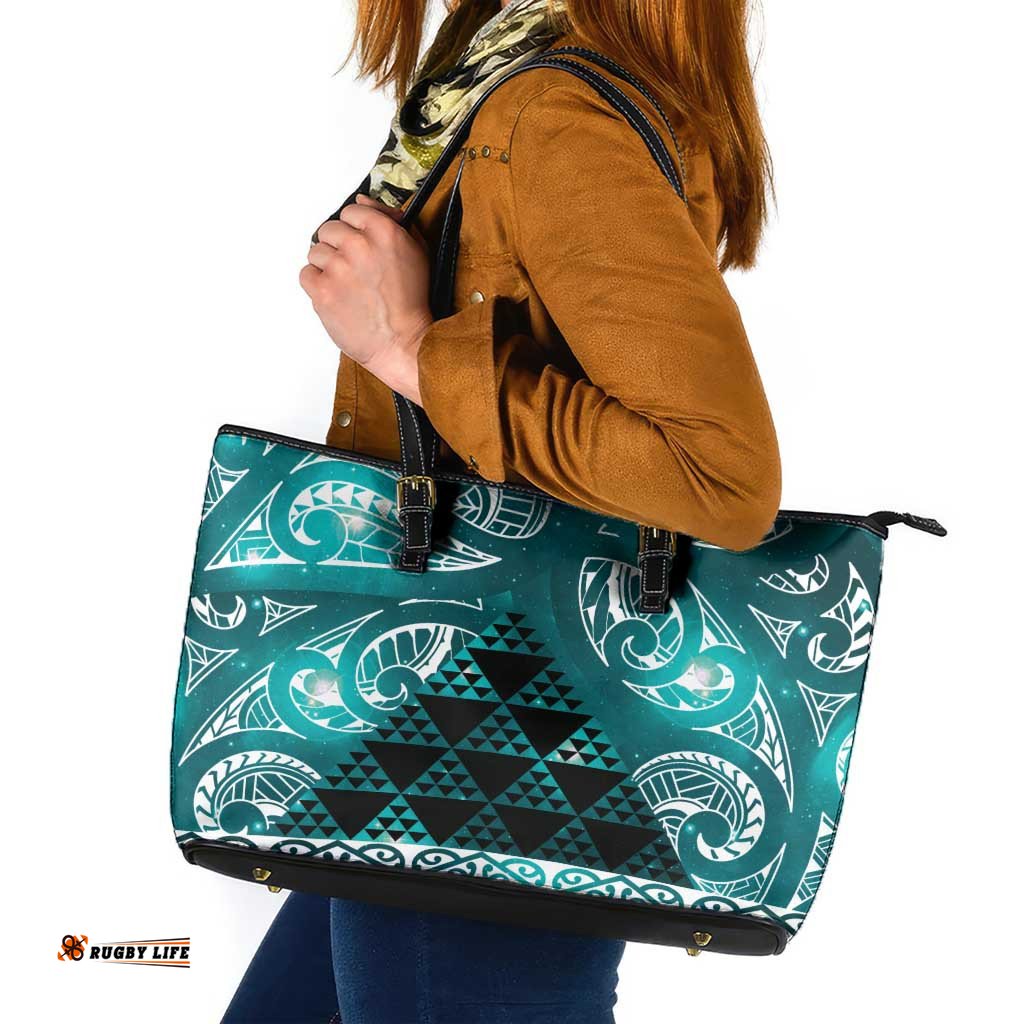 Matariki New Zealand Leather Tote Bag NZ Niho Taniwha Maori New Year Cyan Galaxy LT14