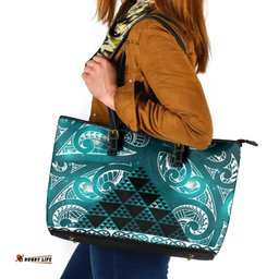 Matariki New Zealand Leather Tote Bag NZ Niho Taniwha Maori New Year Cyan Galaxy LT14