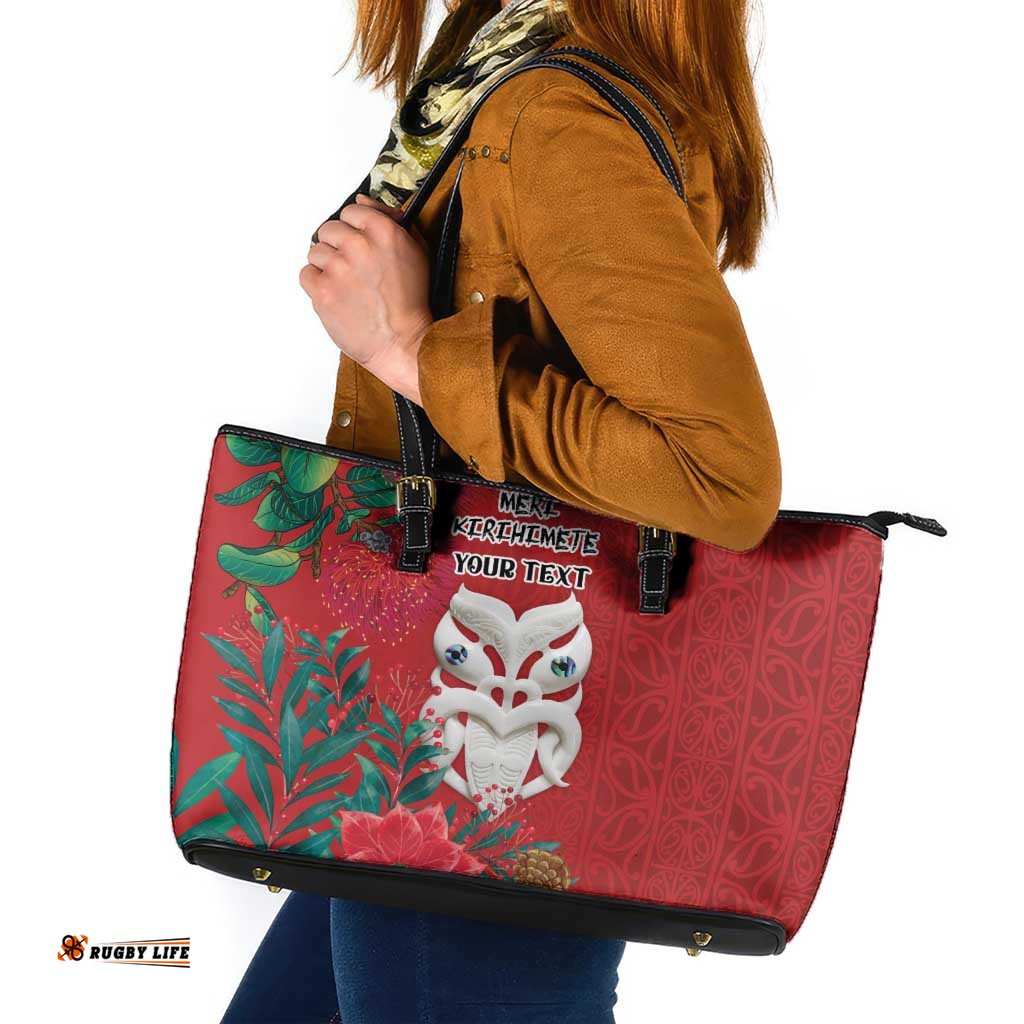 Maori Wheku Meri Kirihimete Personalised Leather Tote Bag All Red Indigenous Maori Motif LT9