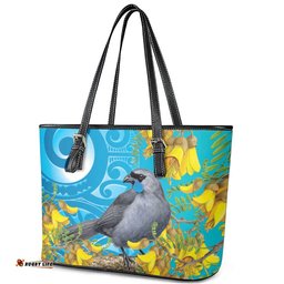 New Zealand Kokako Bird Leather Tote Bag Maori Koru With Kowhai Flowers LT05