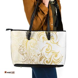 Gold And White Aoteara Horse Racing Leather Tote Bag NZ Maori Pattern LT14