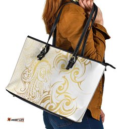 Gold And White Aoteara Horse Racing Leather Tote Bag NZ Maori Pattern LT14