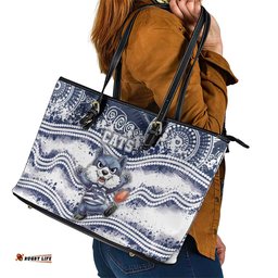 Geelong Navy Leather Tote Bag Playful Cat Kicking Ball DT05