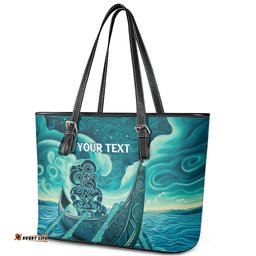 Personalised New Zealand Waitangi Day Leather Tote Bag Hei Tiki With Maori Waka - Whakarare Pattern LT14