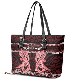 Kia Ora New Zealand Leather Tote Bag Maori Language Week Whero Taniko Motif LT14