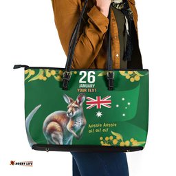 Green Kangaroo and Golden Wattle Personalised Leather Tote Bag Happy Australia Day 6 January LT9