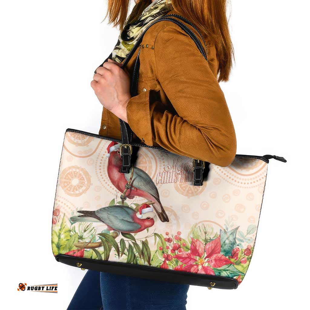 Merry Christmas Aussie Aboriginal Leather Tote Bag Rosebreasted Cockatoo Pastel LT7